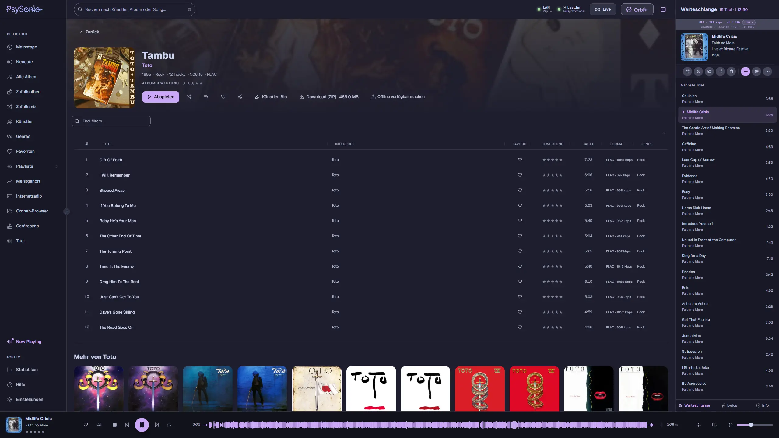Psysonic desktop app showing the album detail view for Toto's Tambu.