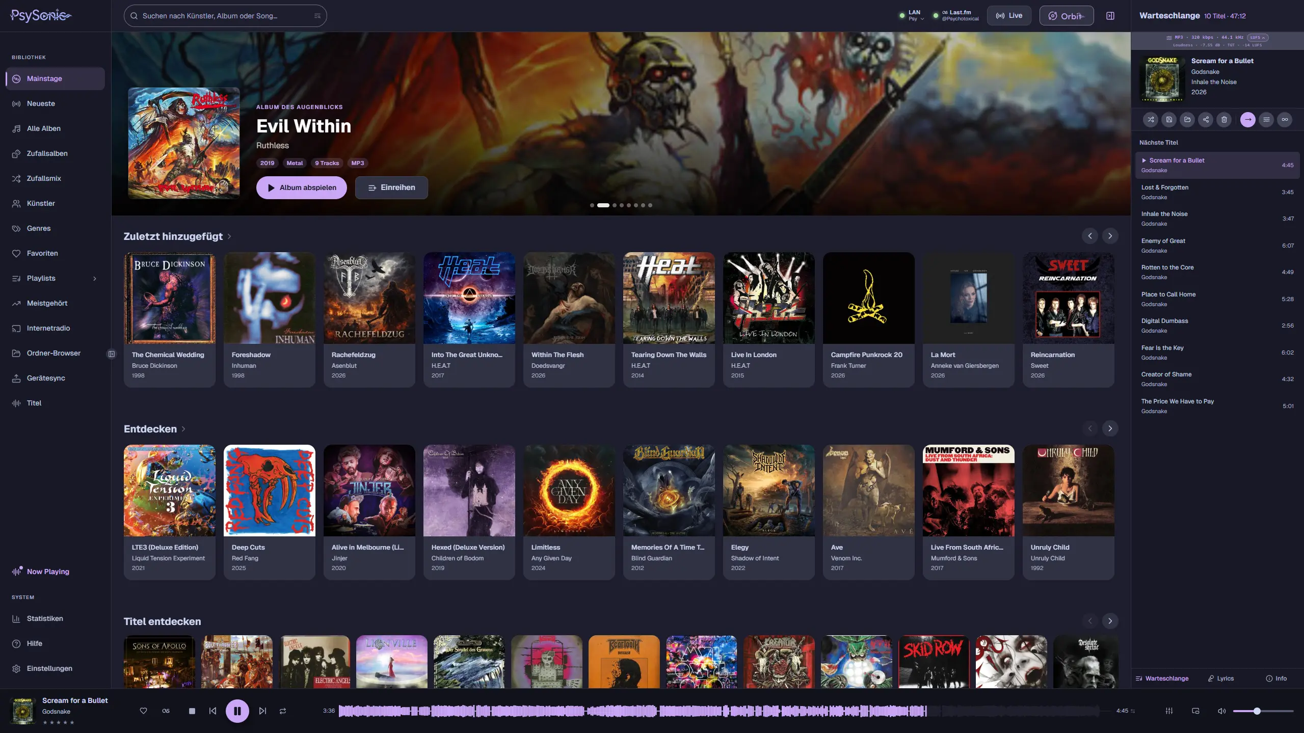 Psysonic desktop app showing the Mainstage home view.
